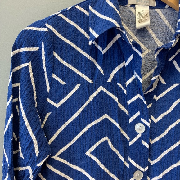 Draper’s & Damons Blouse Women’s Blue White Button-Down Collar Petites Sz:PS [T - Picture 2 of 7
